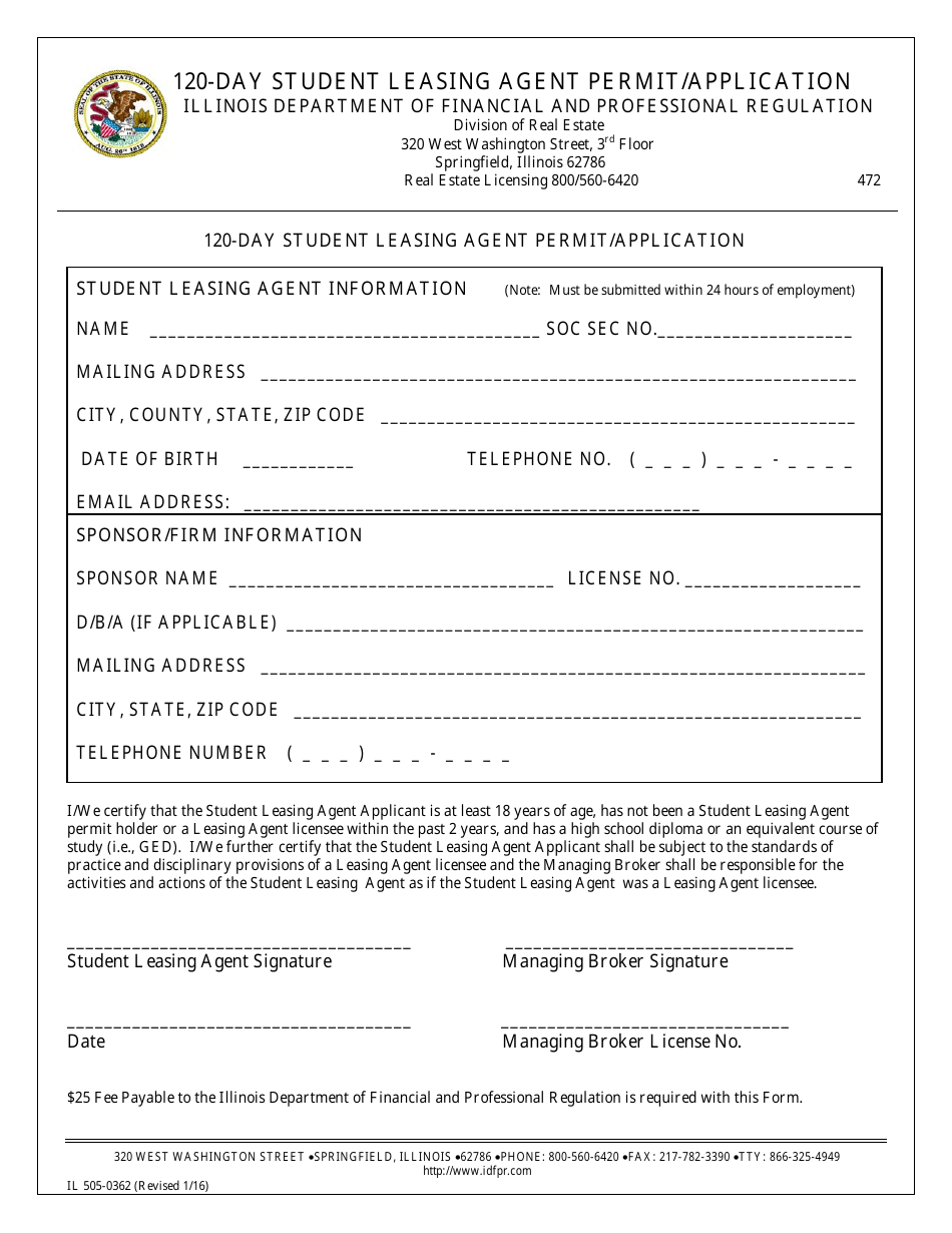 Form IL505-0362 120-day Student Leasing Agent Permit / Application - Illinois, Page 1