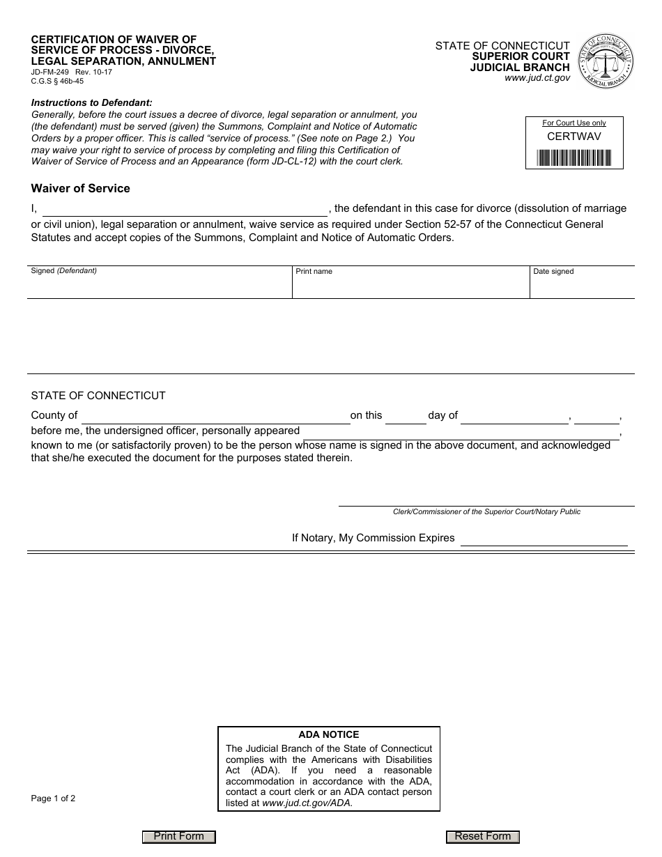 Form JD-FM-249 Certification of Waiver of Service of Process - Divorce, Legal Separation, Annulment - Connecticut, Page 1