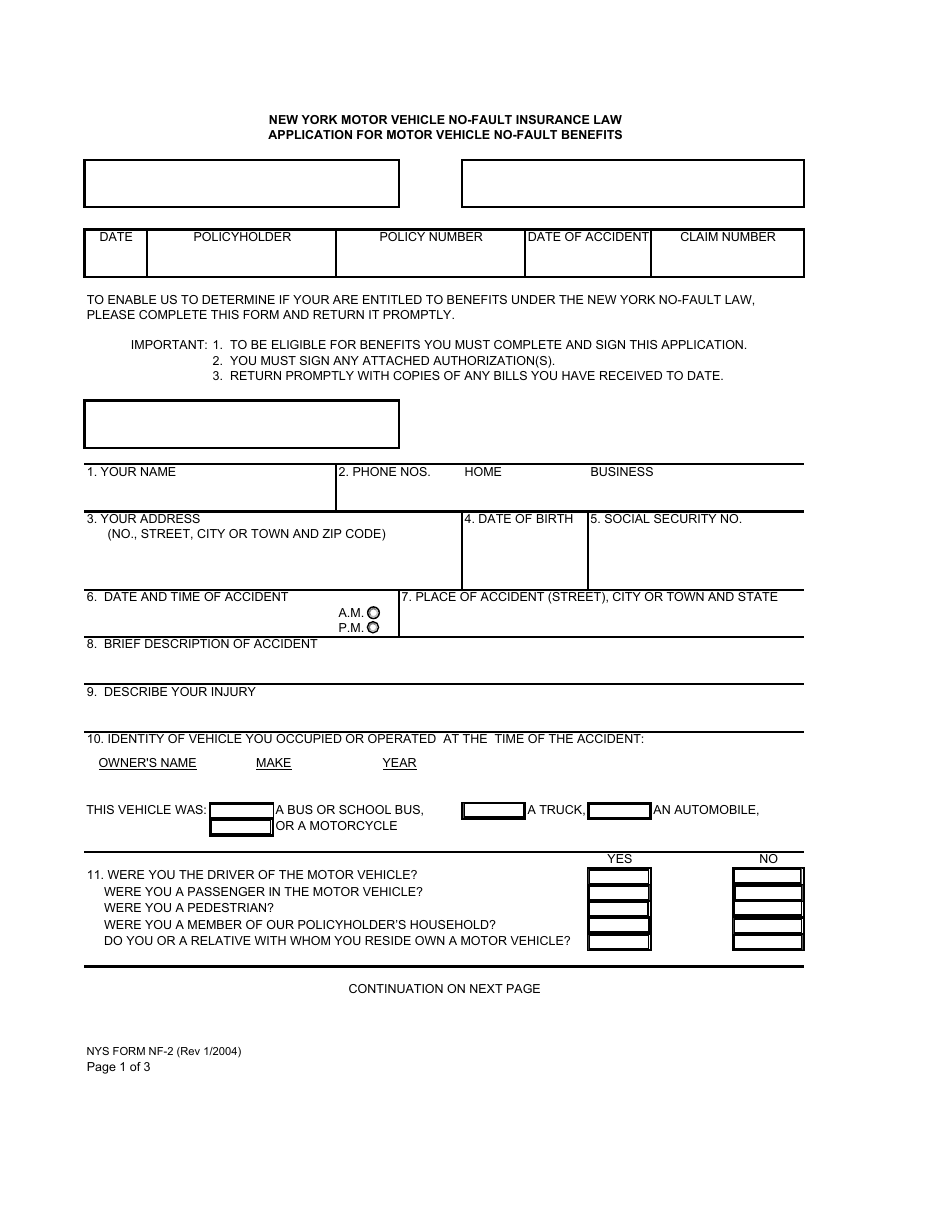 Form NF-2 Application for Motor Vehicle No-Fault Benefits - New York, Page 1
