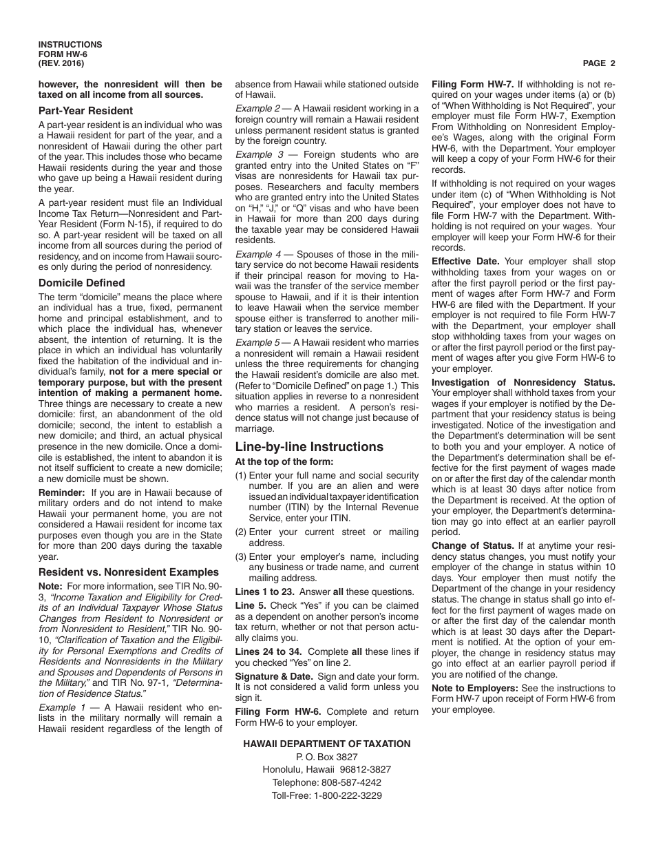Instructions for Form HW-6 Employees Statement to Employer Concerning Nonresidence in the State of Hawaii - Hawaii, Page 2