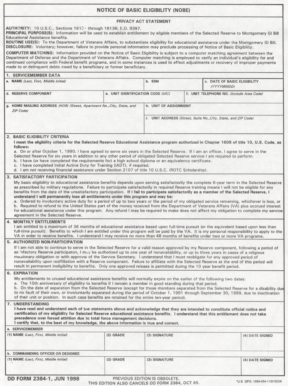 DD Form 2384-1 Notice of Basic Eligibility (Nobe), Page 1