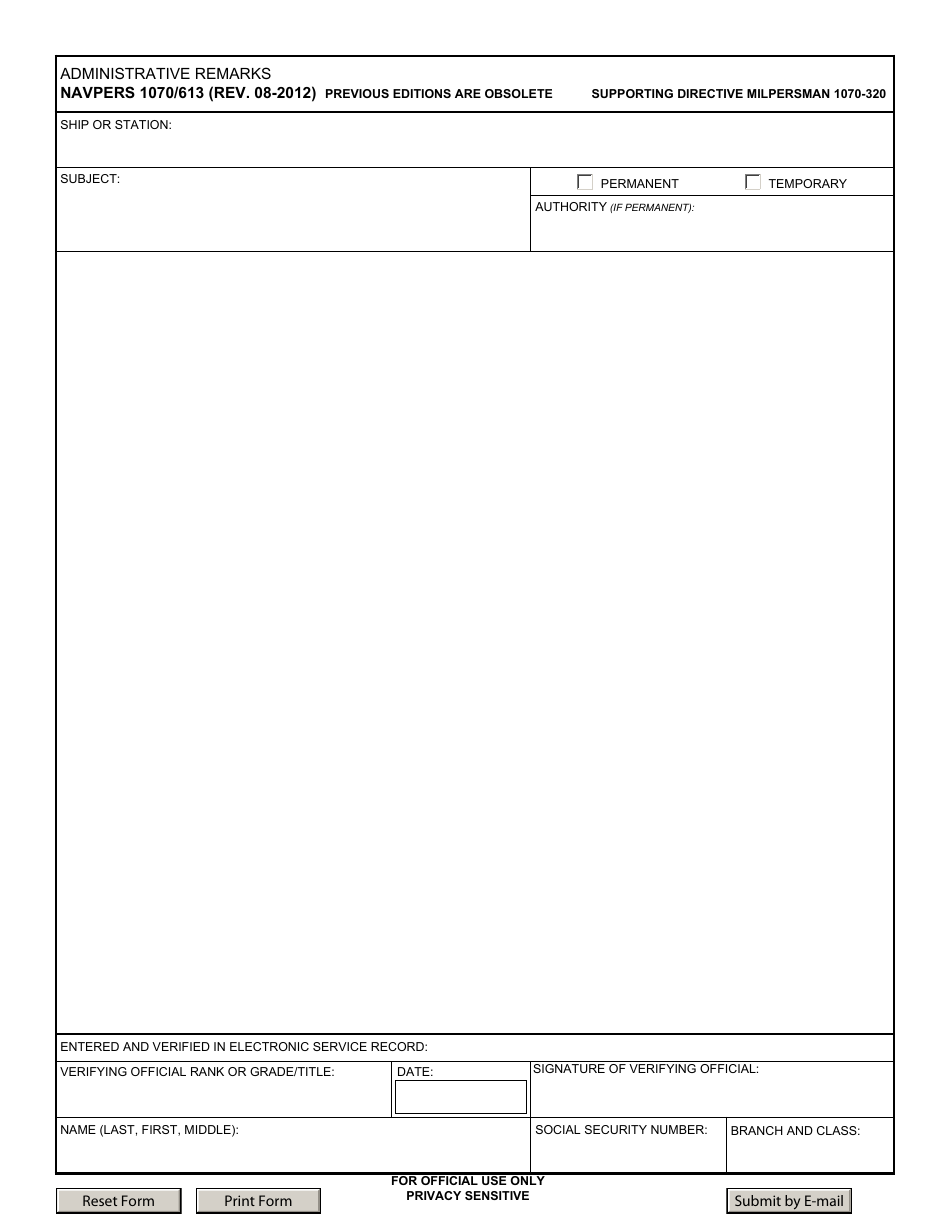 NAVPERS Form 1070 / 613 Administrative Remarks, Page 1