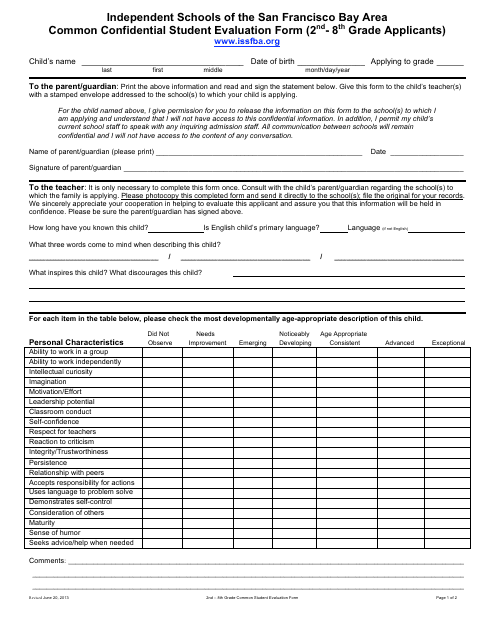 Common Confidential Student Evaluation Form (2nd- 8th Grade Applicants) - Independent Schools of the San Francisco Bay Area Download Pdf