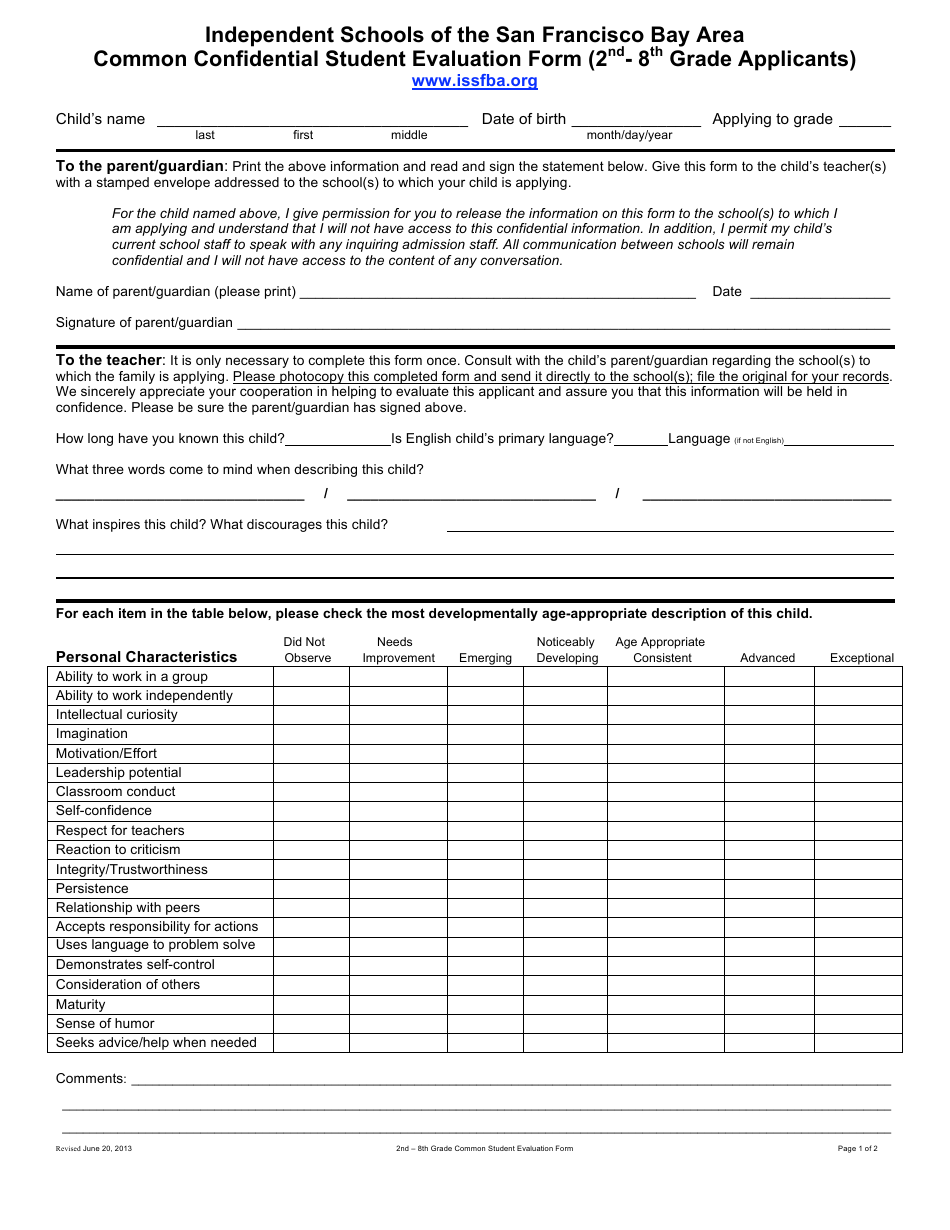 Common Confidential Student Evaluation Form (2nd- 8th Grade Applicants ...