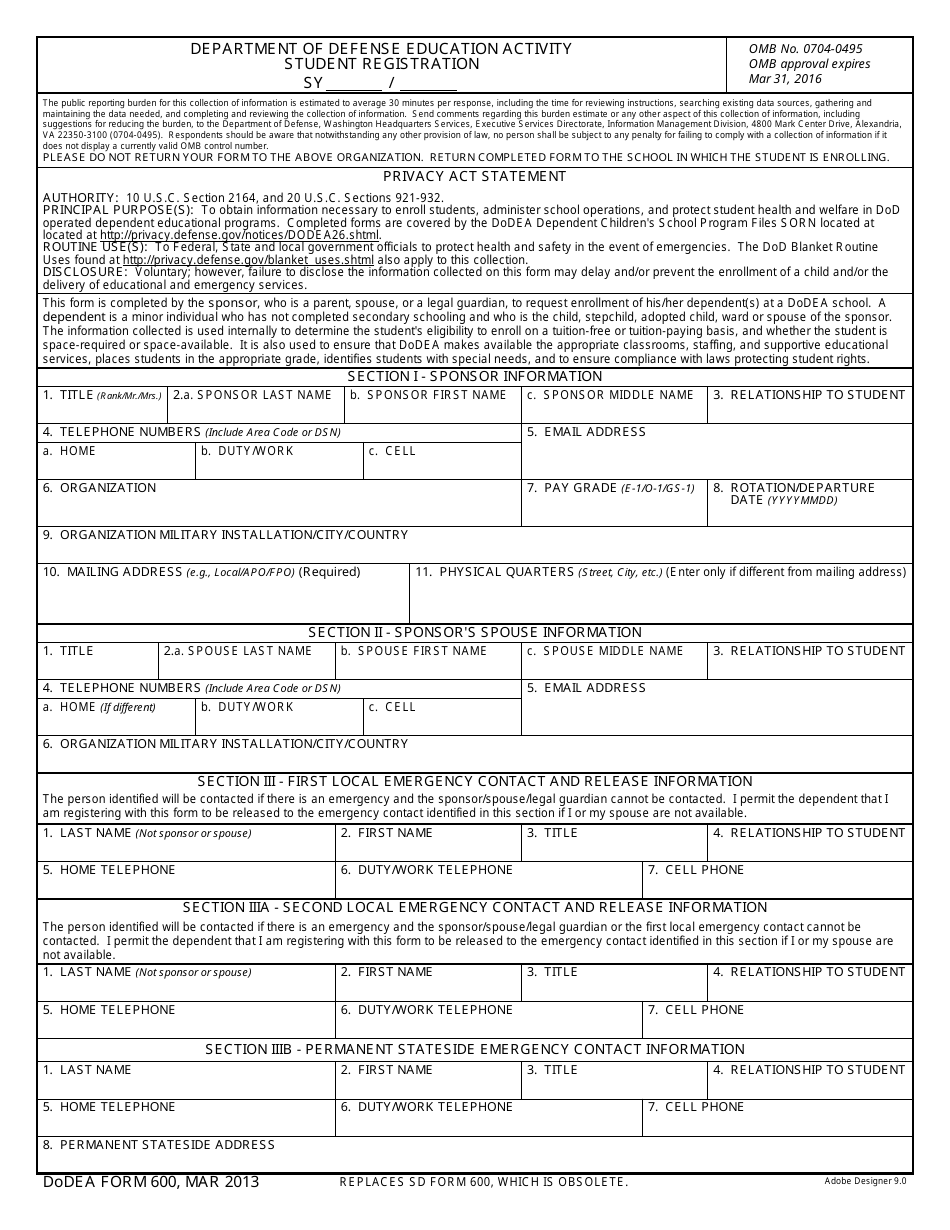 DoDEA Form 600 Department of Defense Education Activity Student Registration, Page 1