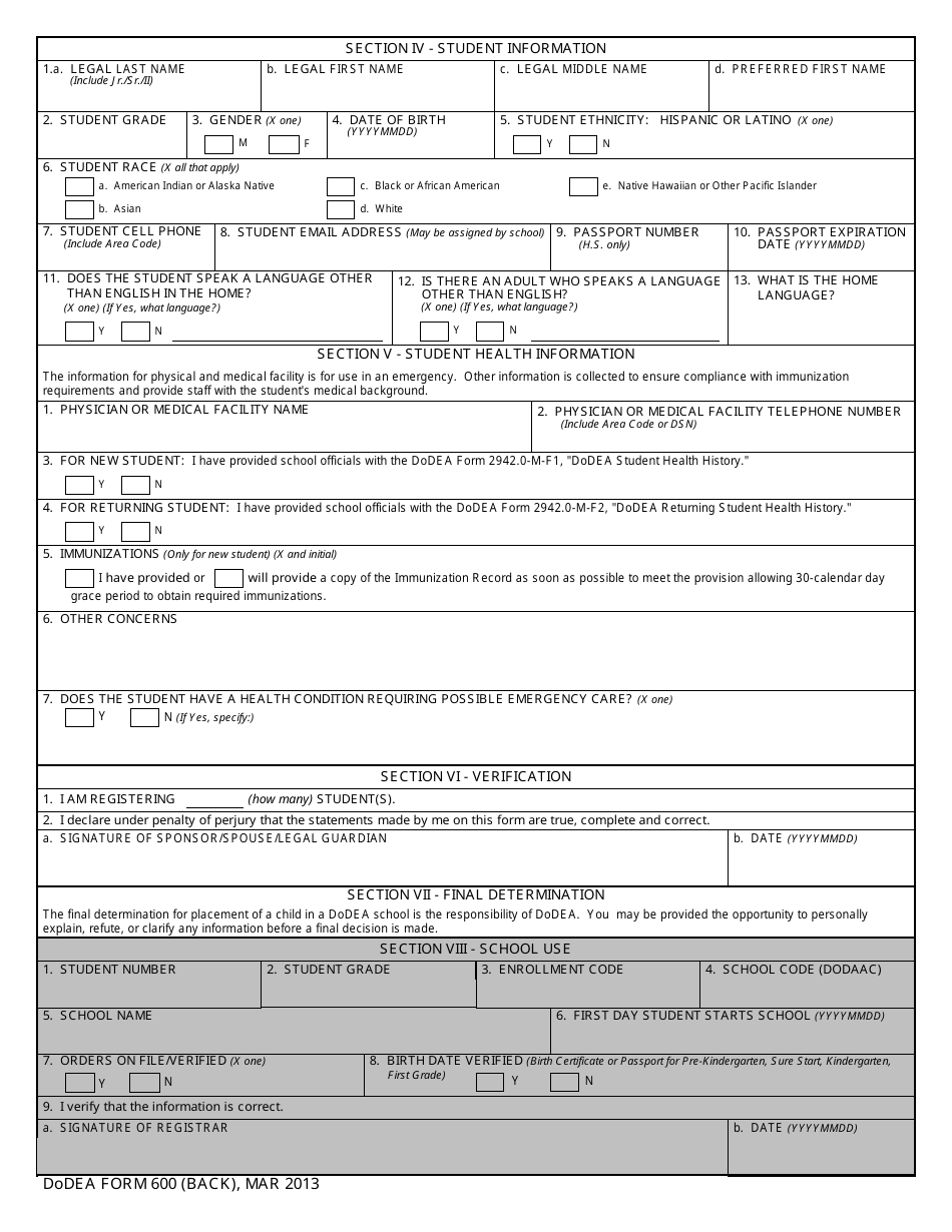 DoDEA Form 600 Department of Defense Education Activity Student Registration, Page 2