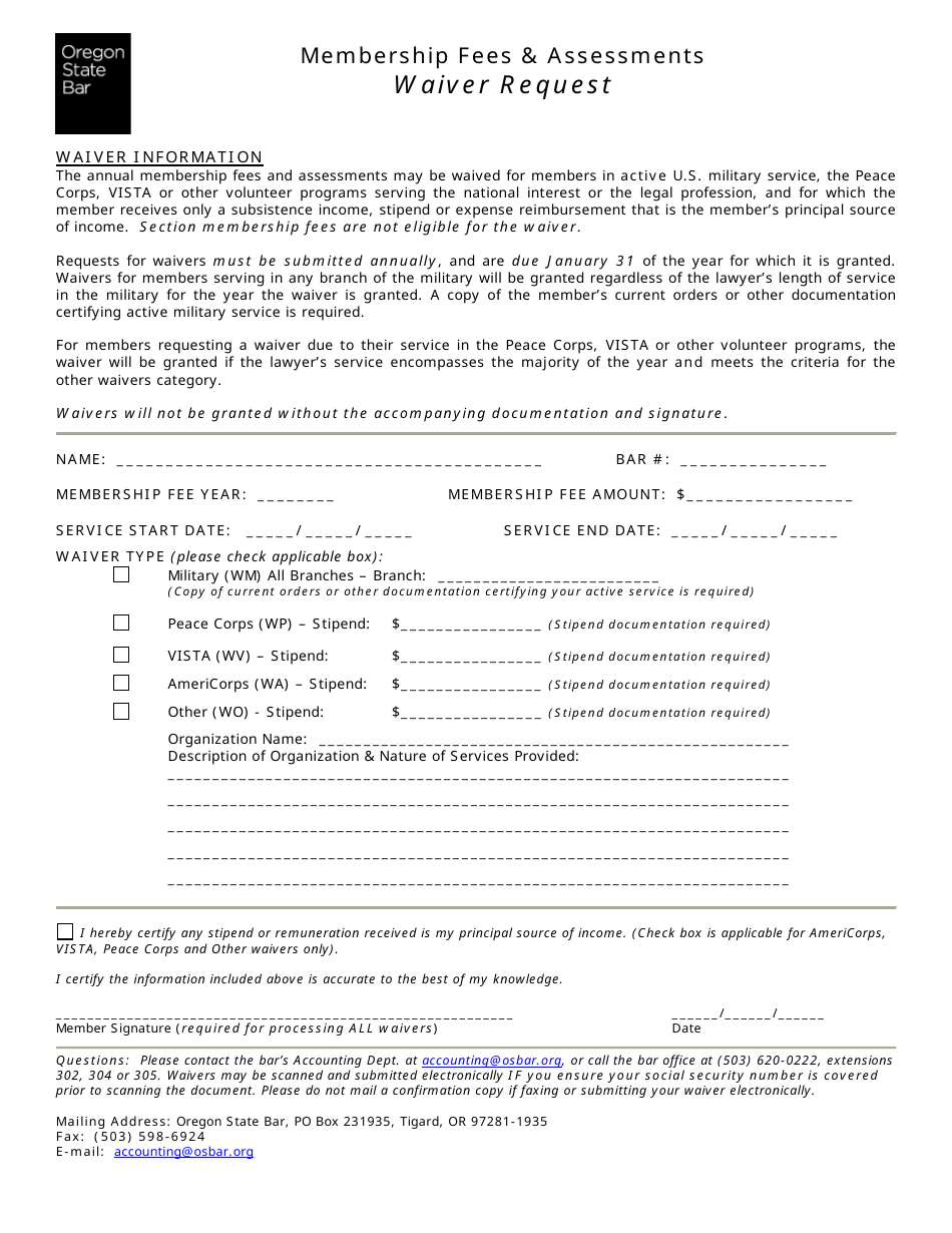 Military / Other Waiver Request Form - Oregon, Page 1