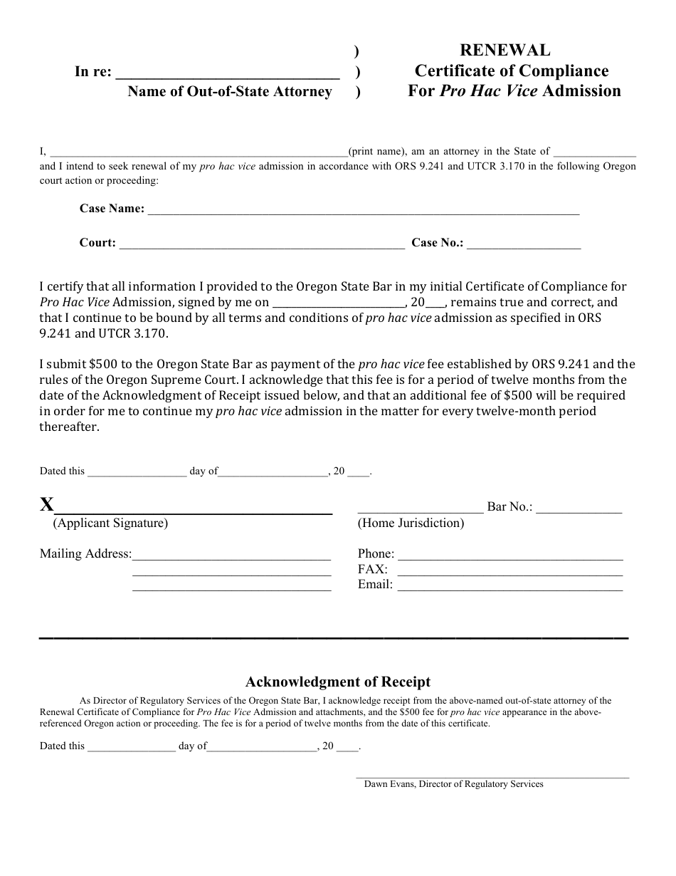 Renewal Form for Certificate of Compliance for Pro Hac Vice Admission - Oregon, Page 1
