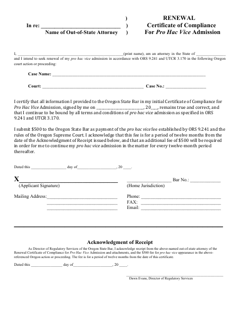 Renewal Form for Certificate of Compliance for Pro Hac Vice Admission - Oregon Download Pdf