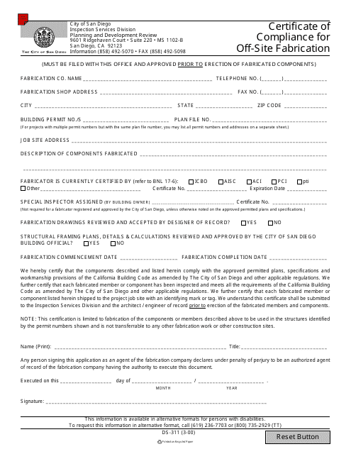 Form DS-311 Certificate of Compliance for off-Site Fabrication - City of San Diego, California