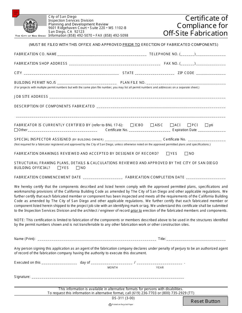 Form DS-311 Certificate of Compliance for off-Site Fabrication - City of San Diego, California, Page 1