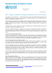 Press Release #221, Outdoor Air Pollution a Leading Environmental Cause of Cancer Deaths - World Health Organization International Agency for Research on Cancer