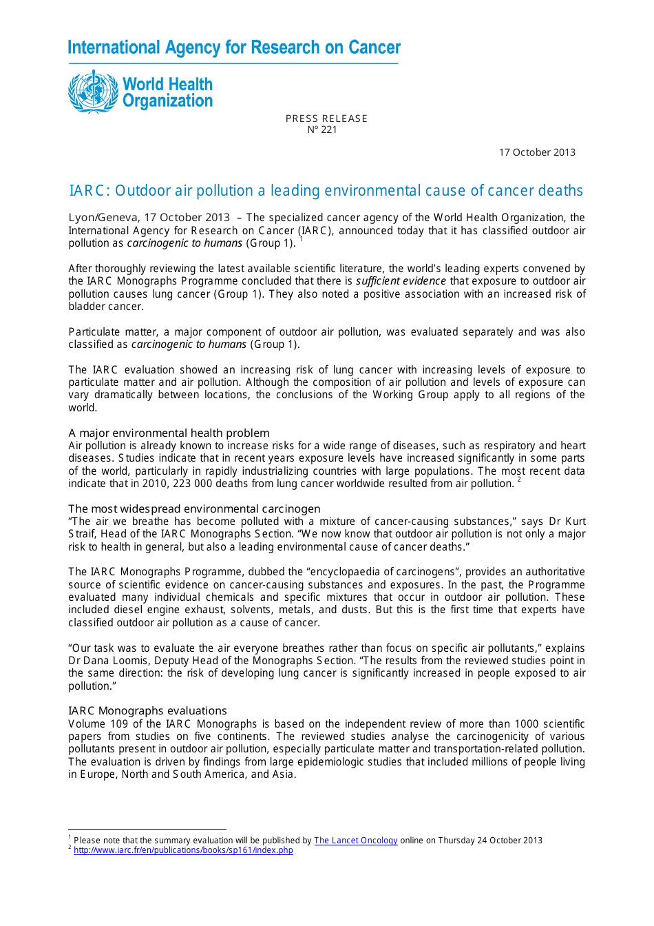 Press Release #221, Outdoor Air Pollution a Leading Environmental Cause of Cancer Deaths - World Health Organization International Agency for Research on Cancer, Page 1