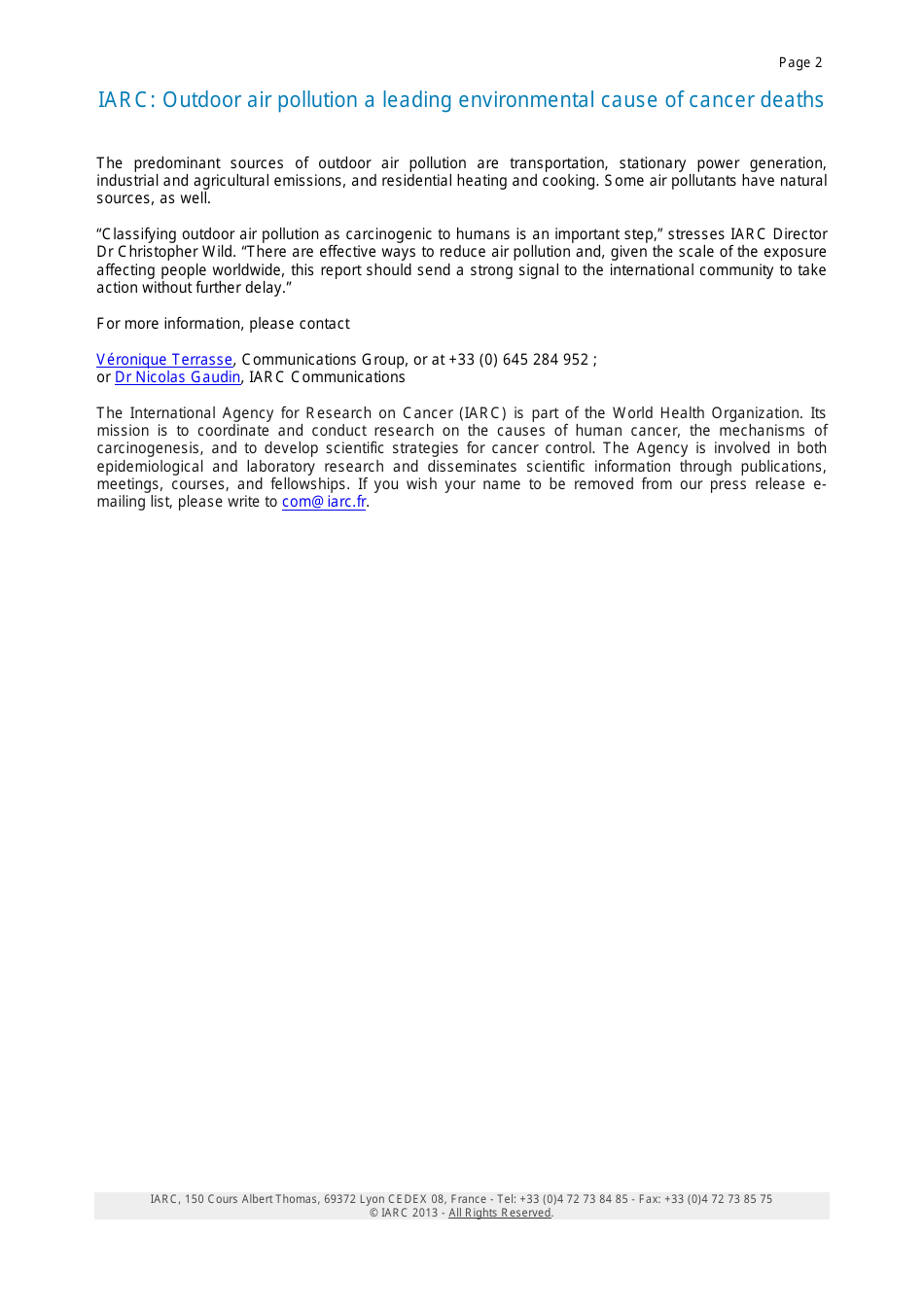 Press Release #221, Outdoor Air Pollution a Leading Environmental Cause of Cancer Deaths - World Health Organization International Agency for Research on Cancer, Page 2