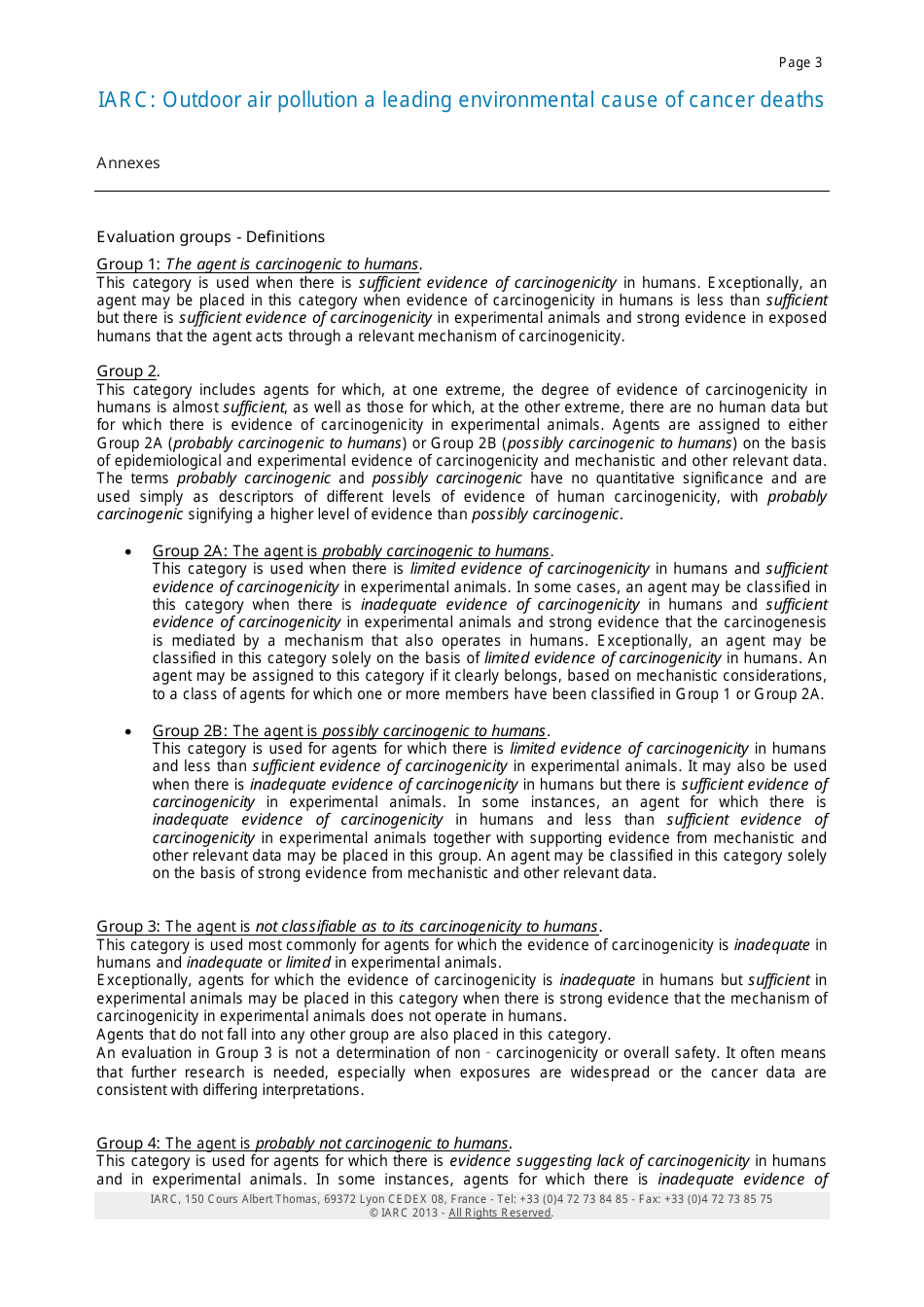 Press Release #221, Outdoor Air Pollution a Leading Environmental Cause of Cancer Deaths - World Health Organization International Agency for Research on Cancer, Page 3