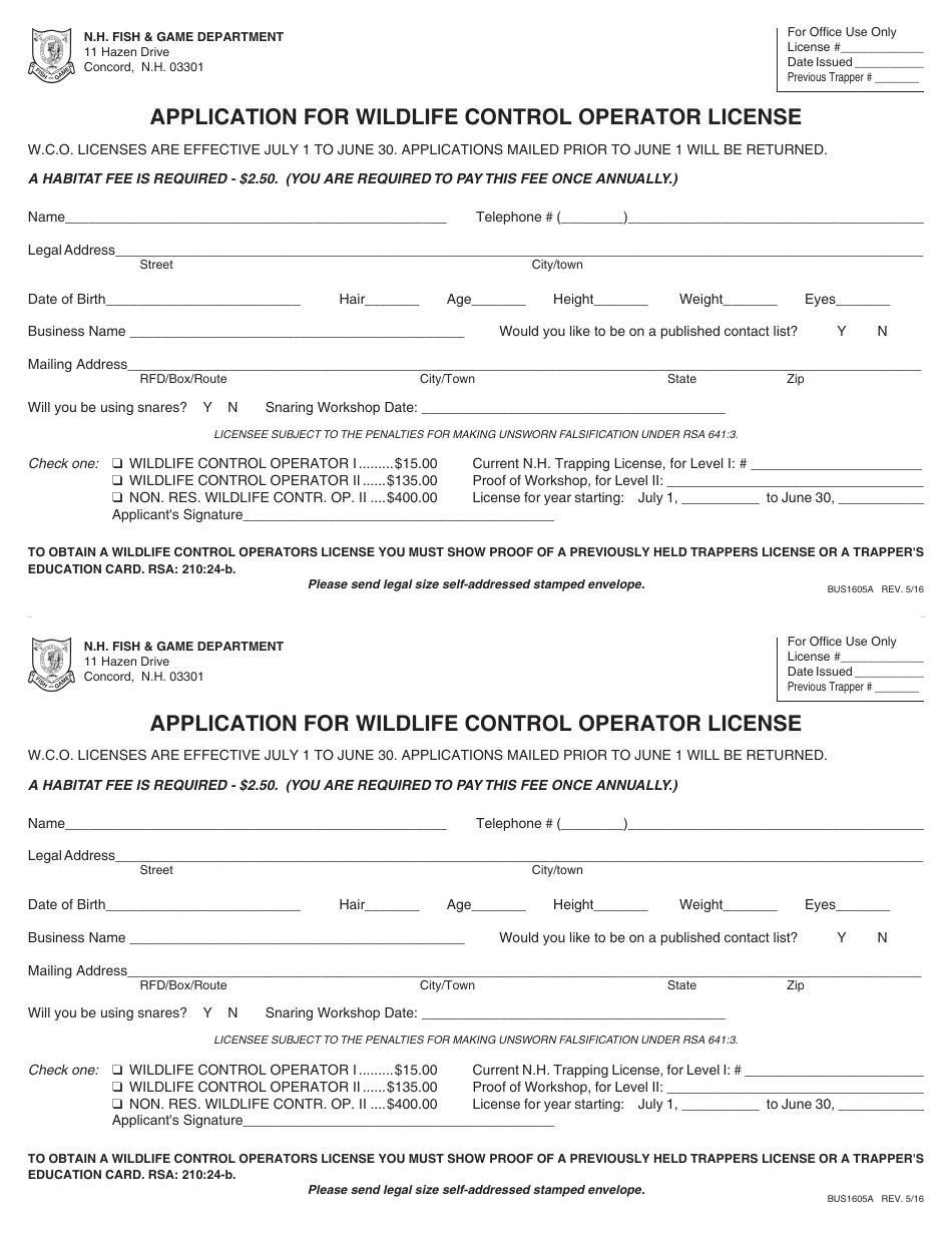 Form BUS1605A Application for Wildlife Control Operator License - New Hampshire, Page 1