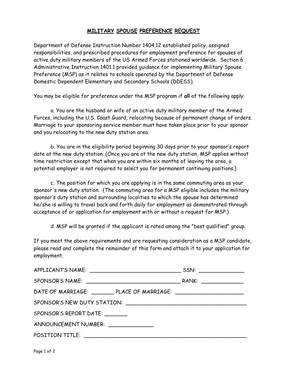 Military Spouse Preference Request Form, Page 1