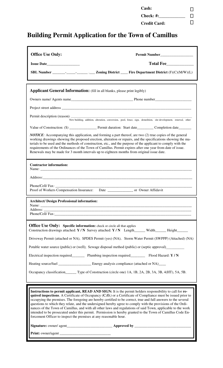 Building Permit Application Form - Town of Camillus, New York, Page 1