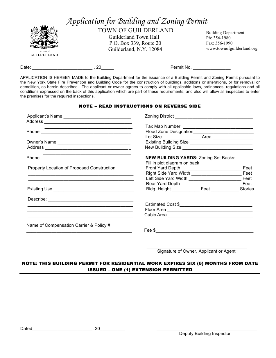 Application Form for Building and Zoning Permit - Town of Guilderland, New York, Page 1