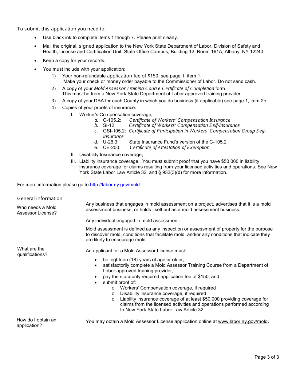 Form SH125 Application for a Mold Assessment Contractor License - New York, Page 3