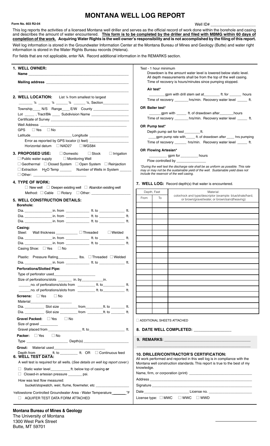 Form 603 Montana Well Log Report - Montana, Page 1