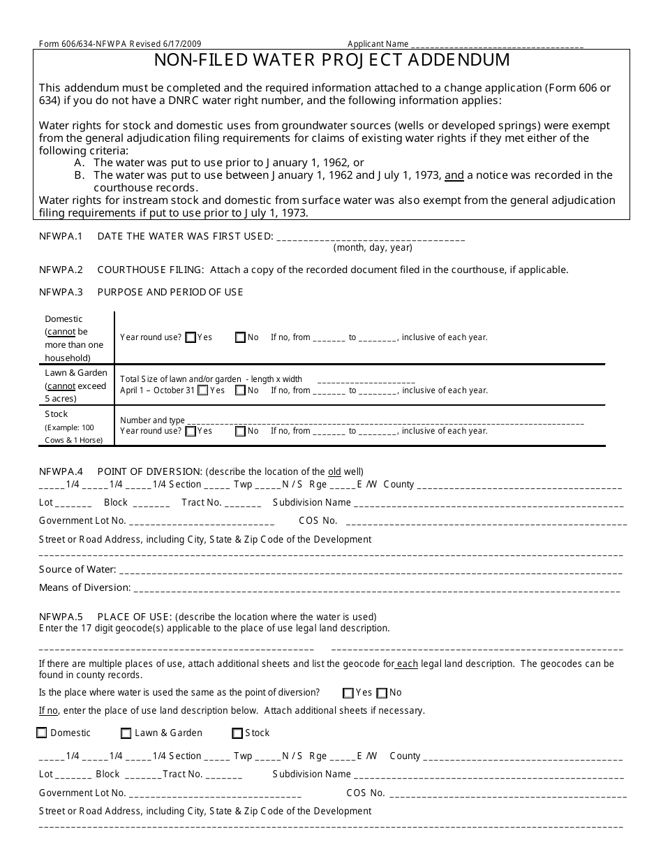 Form 606 / 634-NFWPA Non-filed Water Project Addendum - Montana, Page 1