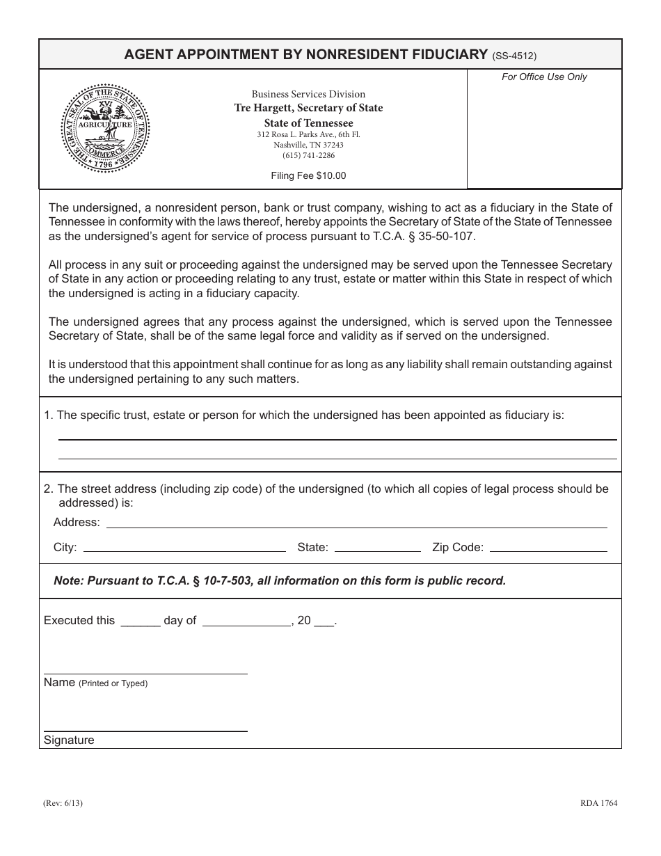 Form SS-4512 Agent Appointment by Nonresident Fiduciary - Tennessee, Page 1