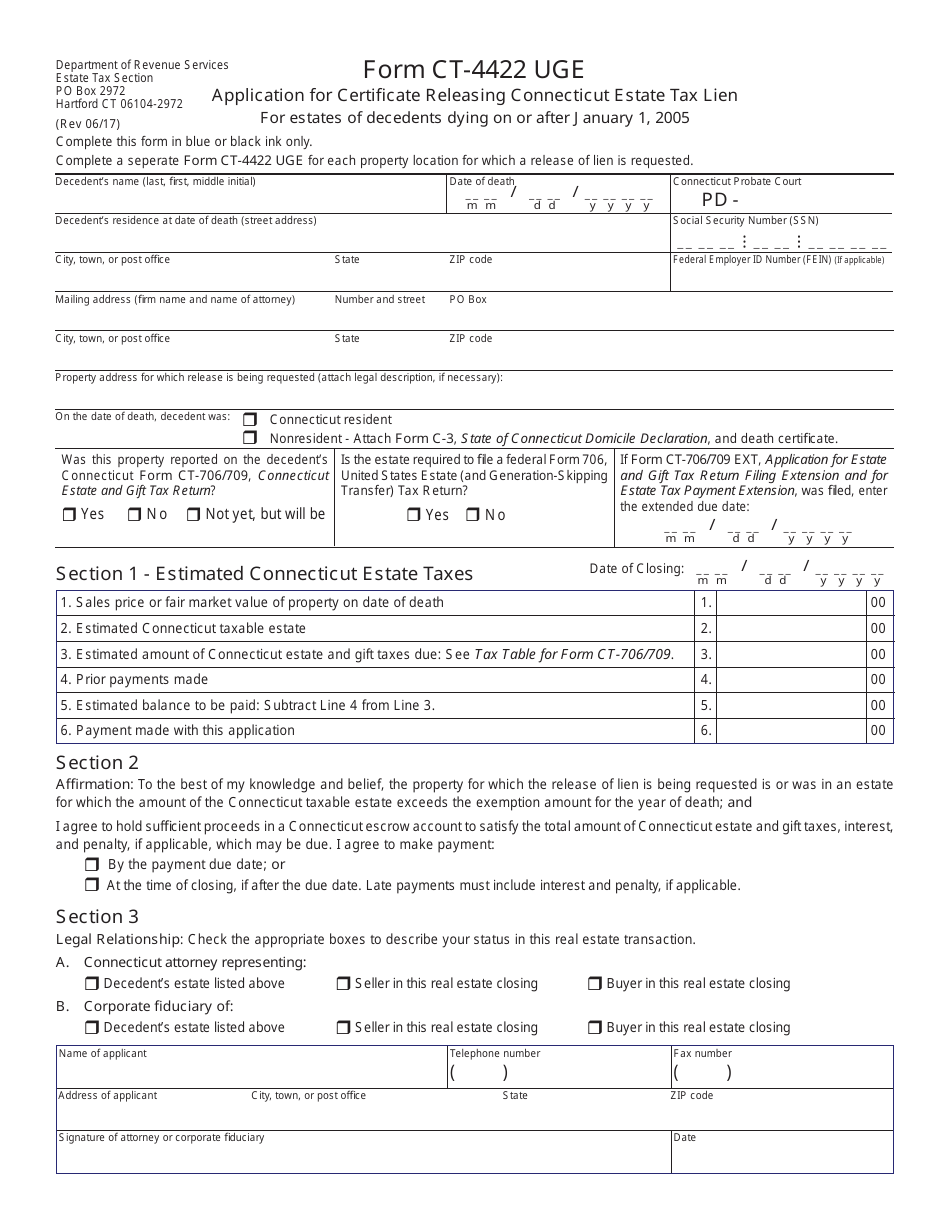 Form CT-4422 UGE Application for Certificate Releasing Connecticut Estate Tax Lien for Estates of Decedents Dying on or After January 1, 2005 - Connecticut, Page 1