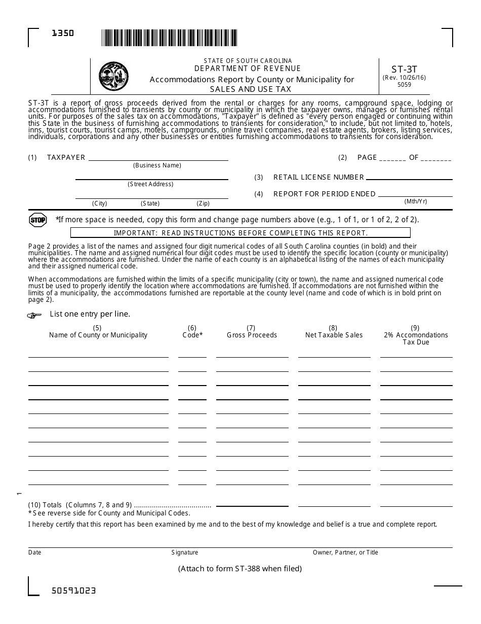Form ST-3t Accommodations Report by County or Municipality for Sales and Use Tax - South Carolina, Page 1