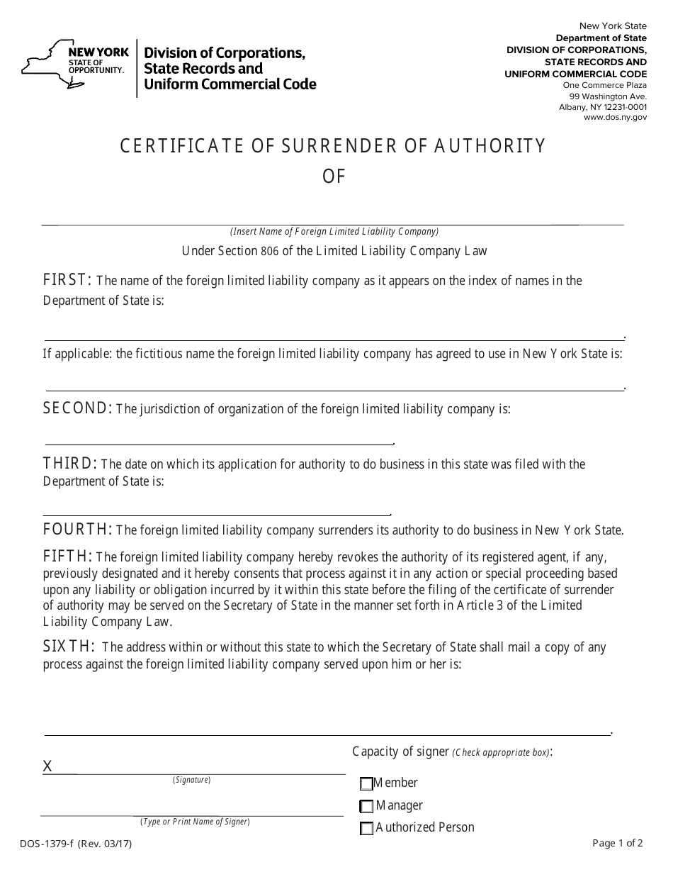 Form DOS-1379-F Certificate of Surrender of Authority - New York, Page 1