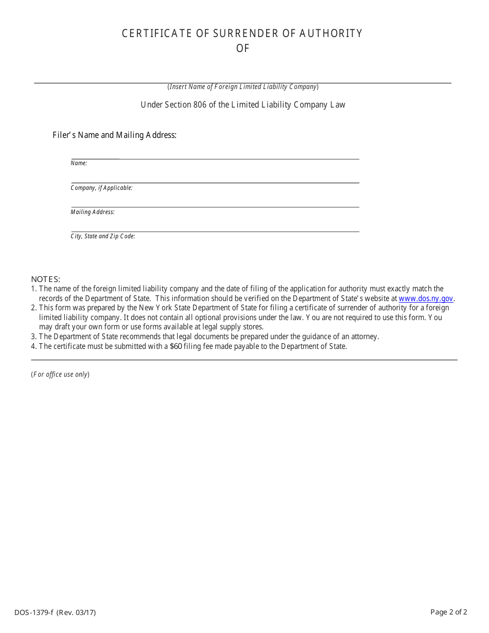 Form DOS-1379-F Certificate of Surrender of Authority - New York, Page 2
