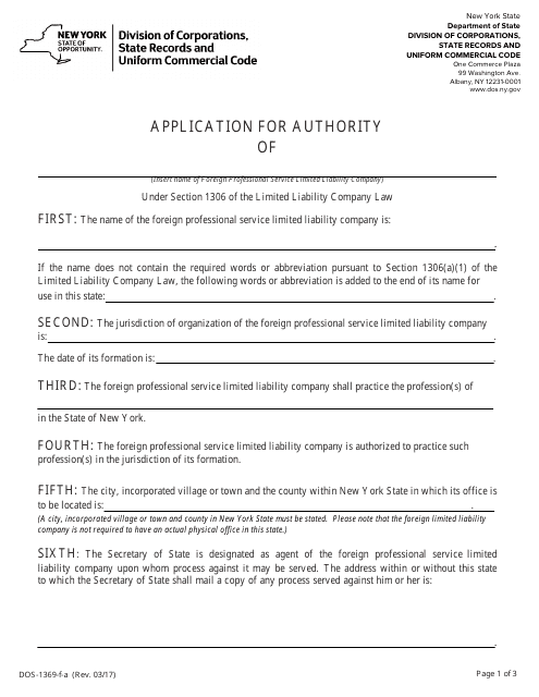 Form DOS-1369-F-A Application for Authority - New York