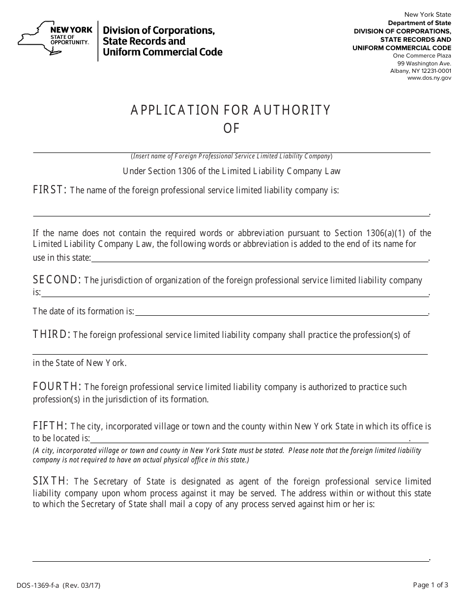 Form DOS-1369-F-A Application for Authority - New York, Page 1