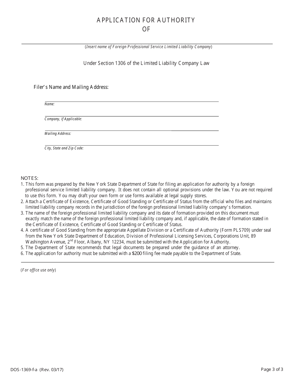 Form DOS-1369-F-A Application for Authority - New York, Page 3