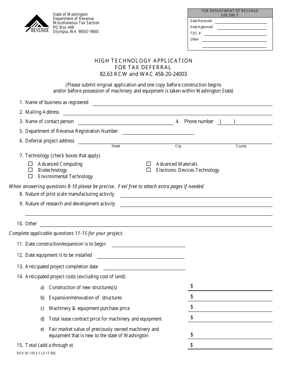Form REV81 1013-1 High Technology Application for Tax Deferral - Washington, Page 1
