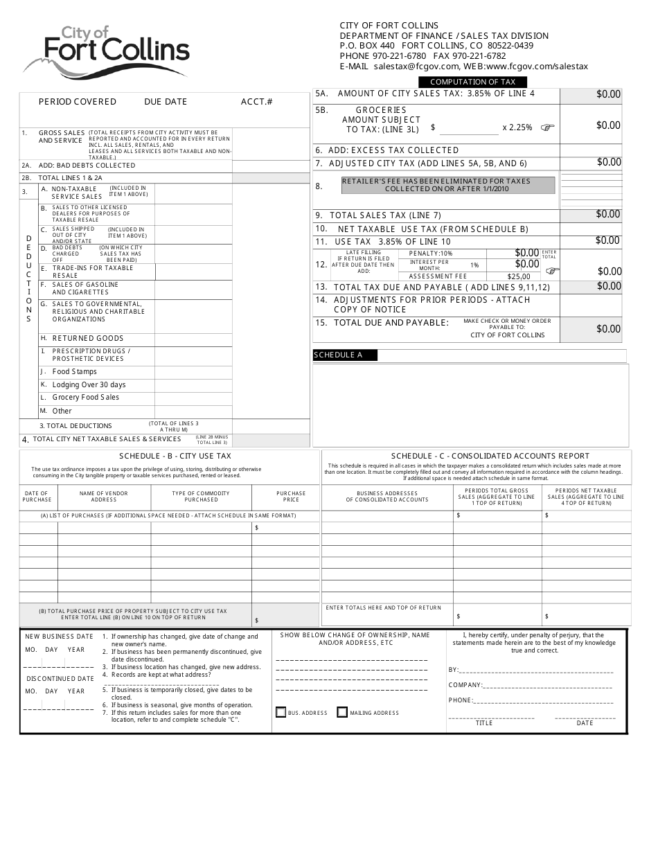 Sales  Use Tax Return Form - City of Fort Collins, Colorado, Page 1