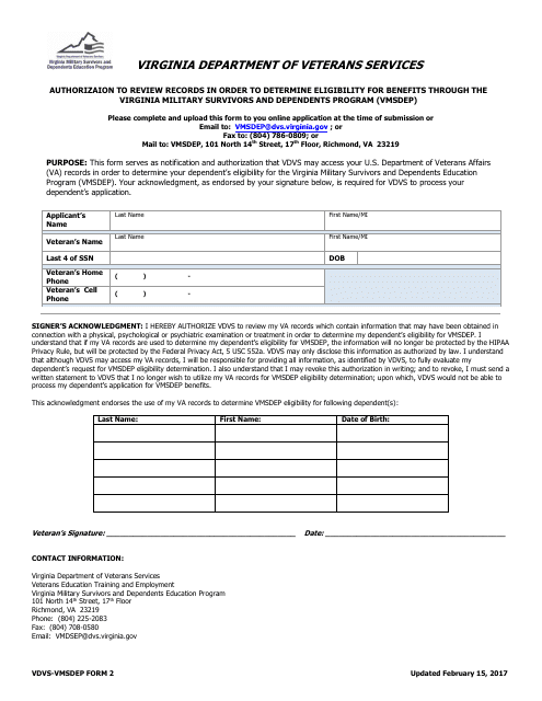 Form 2 Authorizaion to Review Records in Order to Determine Eligibility for Benefits Through the Virginia Military Survivors and Dependents Program (Vmsdep) - Virginia