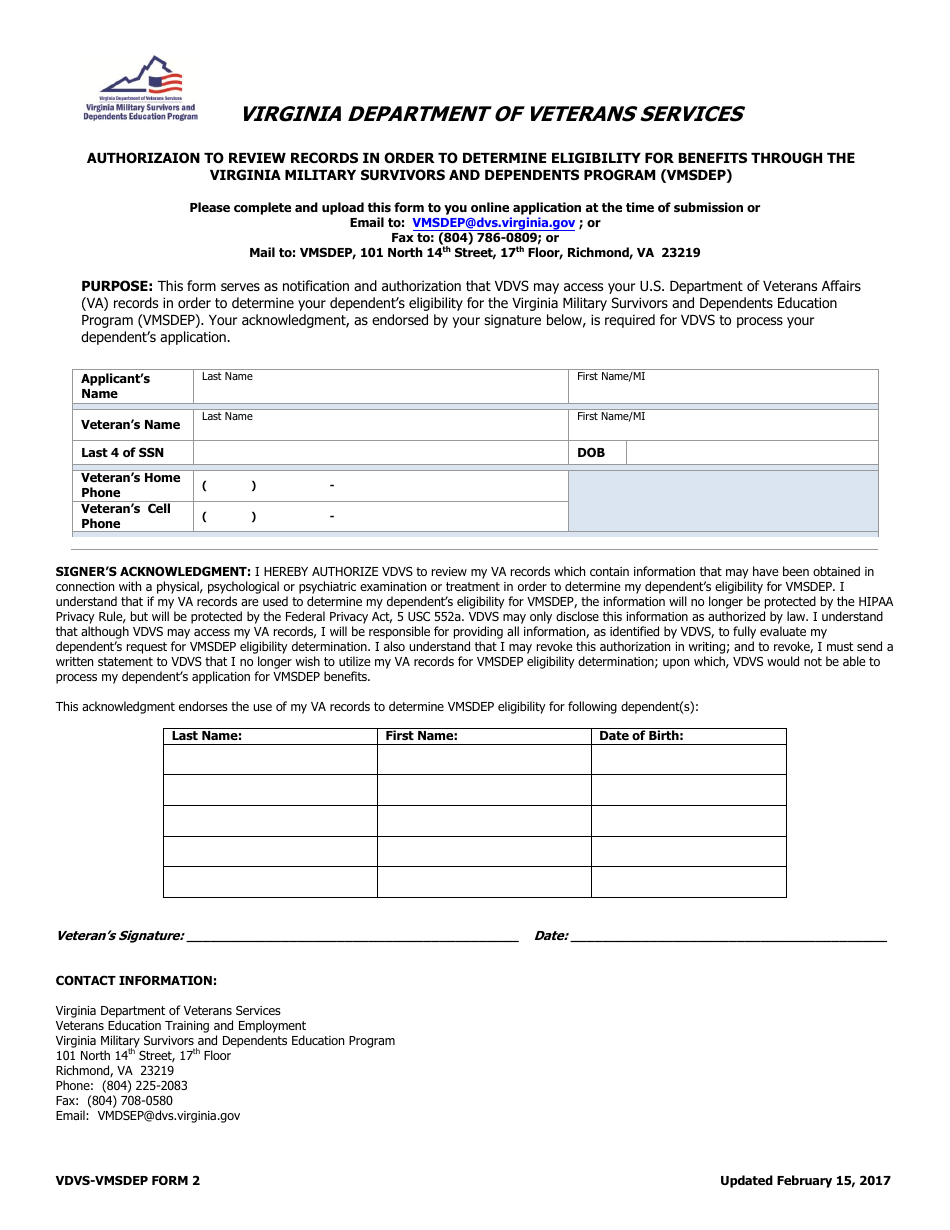 Form 2 Authorizaion to Review Records in Order to Determine Eligibility for Benefits Through the Virginia Military Survivors and Dependents Program (Vmsdep) - Virginia, Page 1