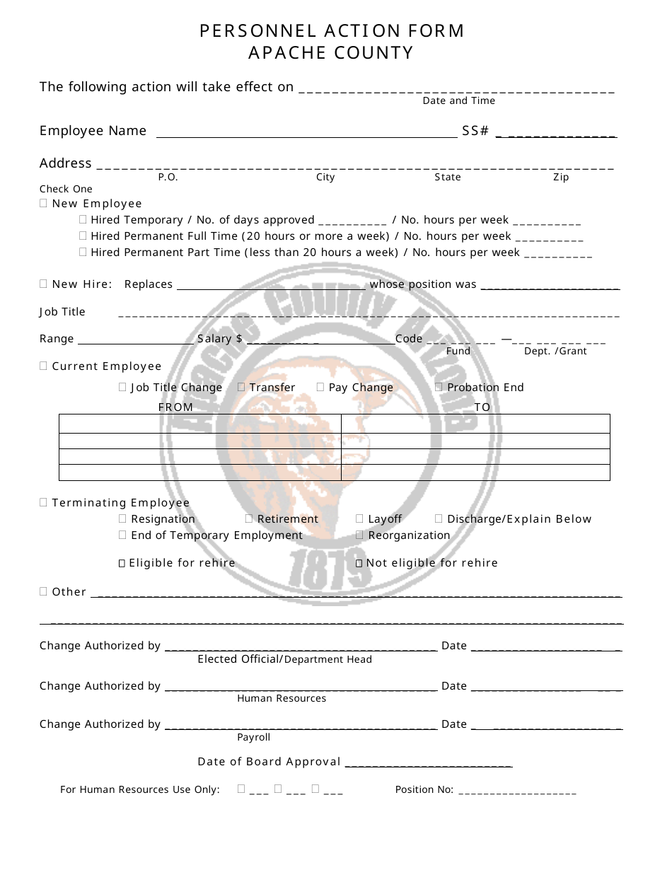 Personnel Action Form - Apache County, Arizona, Page 1