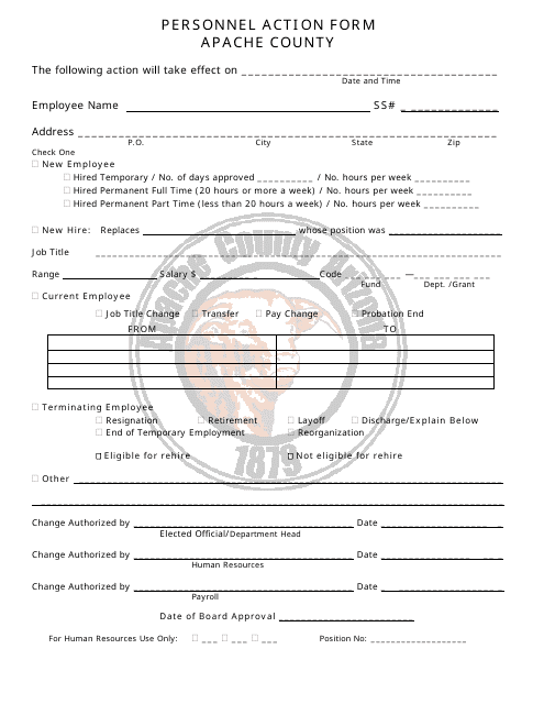 Personnel Action Form - Apache County, Arizona Download Pdf