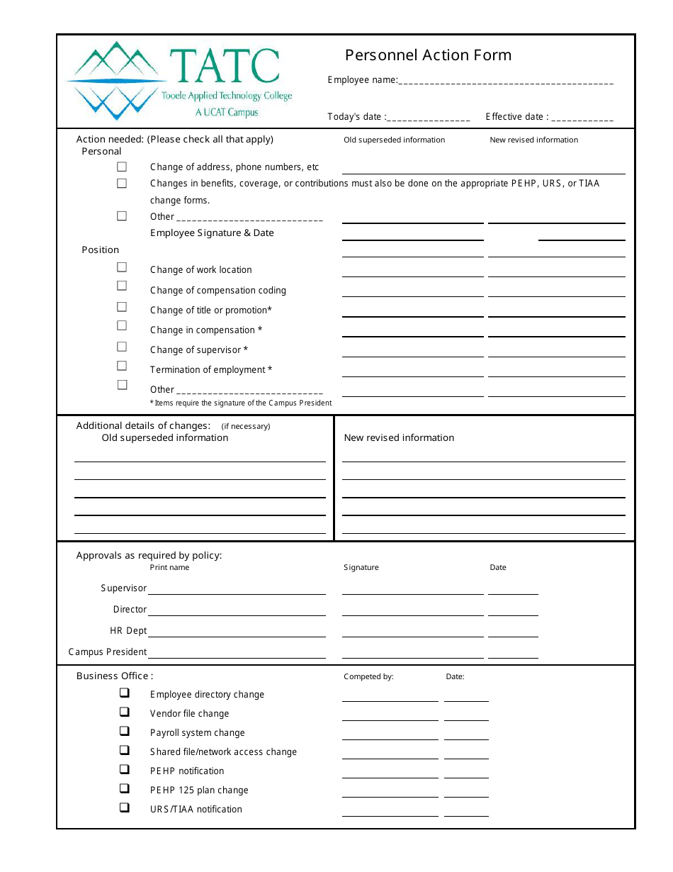 Personnel Action Form - Tooele Applied Technology College - Utah, Page 1