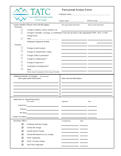 Personnel Action Form - Tooele Applied Technology College - Utah Download Pdf