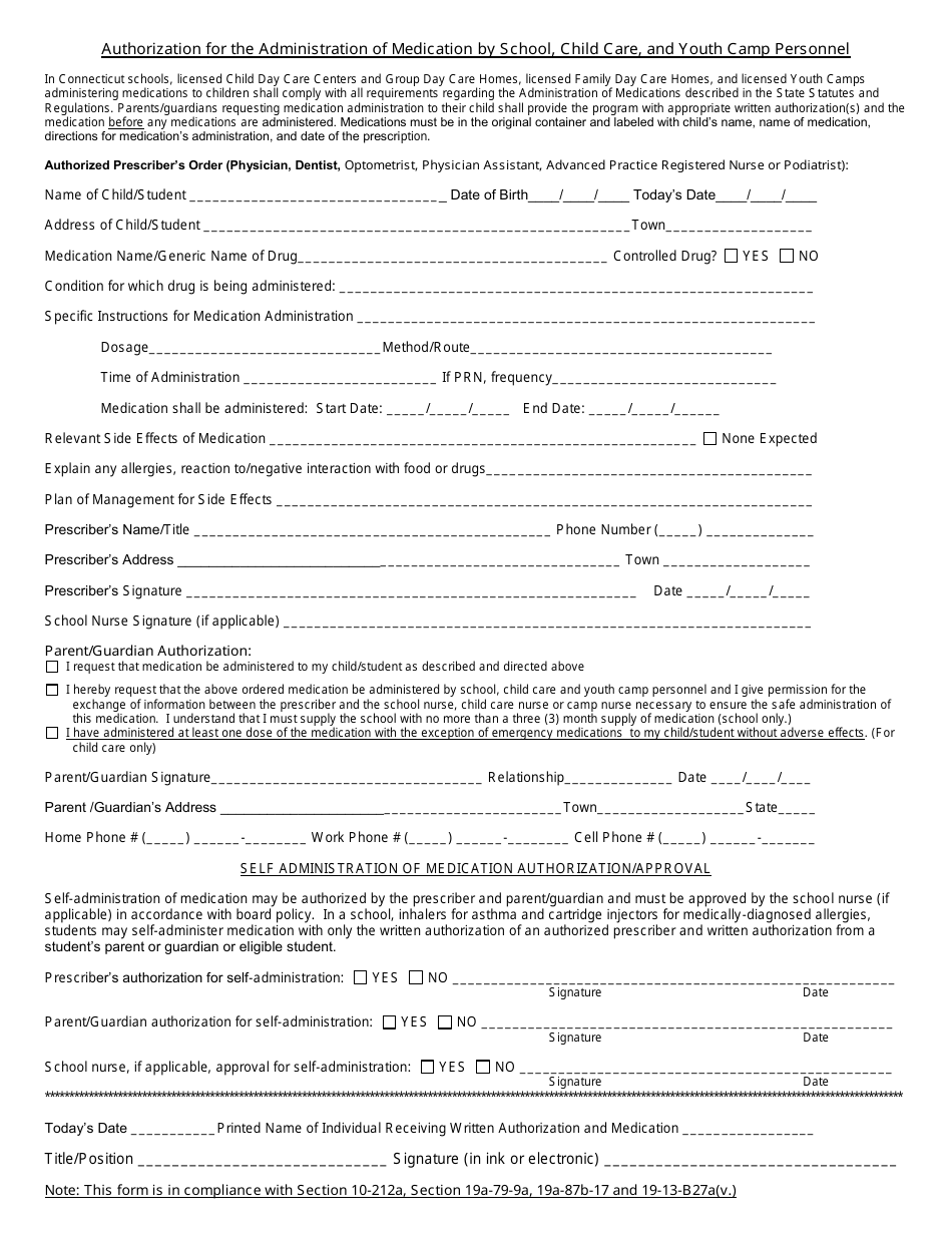 Authorization for the Administration of Medication by Daycare Personnel - Connecticut, Page 1