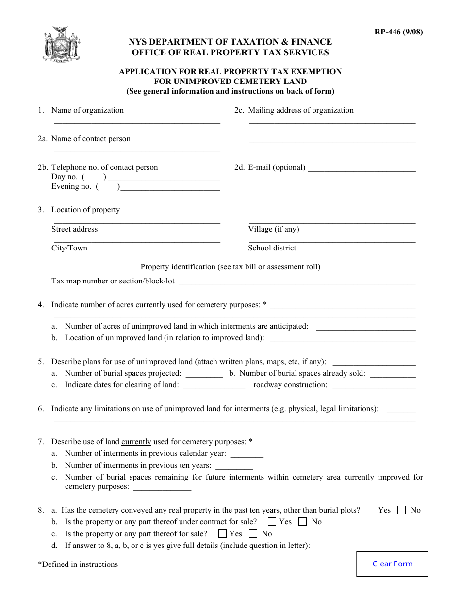 Form RP-446 Application for Real Property Tax Exemption for Unimproved Cemetery Land - New York, Page 1