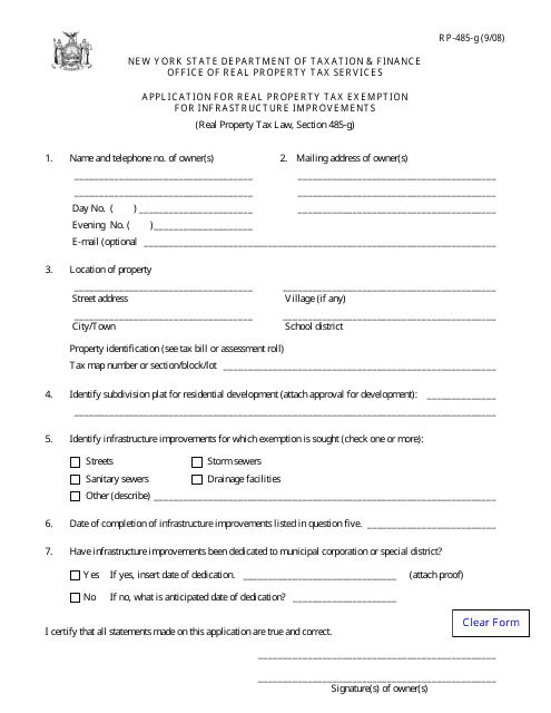 Form RP-485-G Application for Real Property Tax Exemption for Infrastructure Improvements - New York