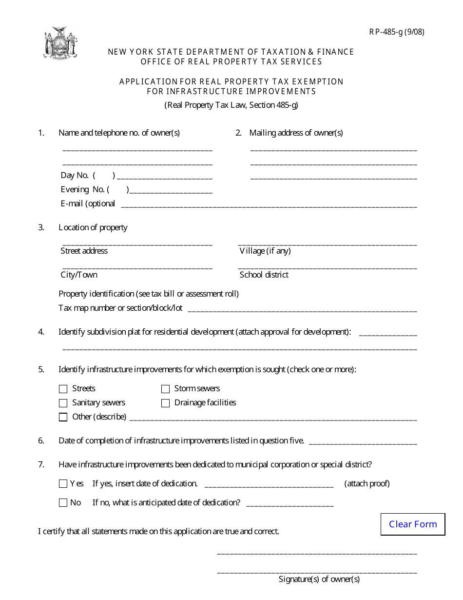 Form RP-485-G Application for Real Property Tax Exemption for Infrastructure Improvements - New York, Page 1