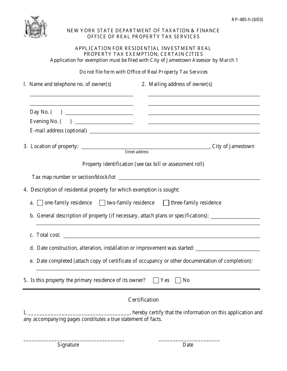 Form RP-485-H Application for Residential Investment Real Property Tax Exemption; Certain Cities - New York, Page 1