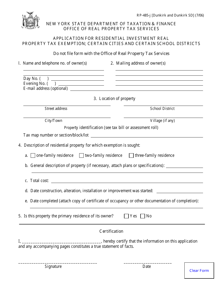 Form RP-485-J (DUNKIRK/DUNKIRK SD) Application for Residential Investment Real Property Tax Exemption; Certain Cities and Certain School Districts - City of Dunkirk, New York, Page 1