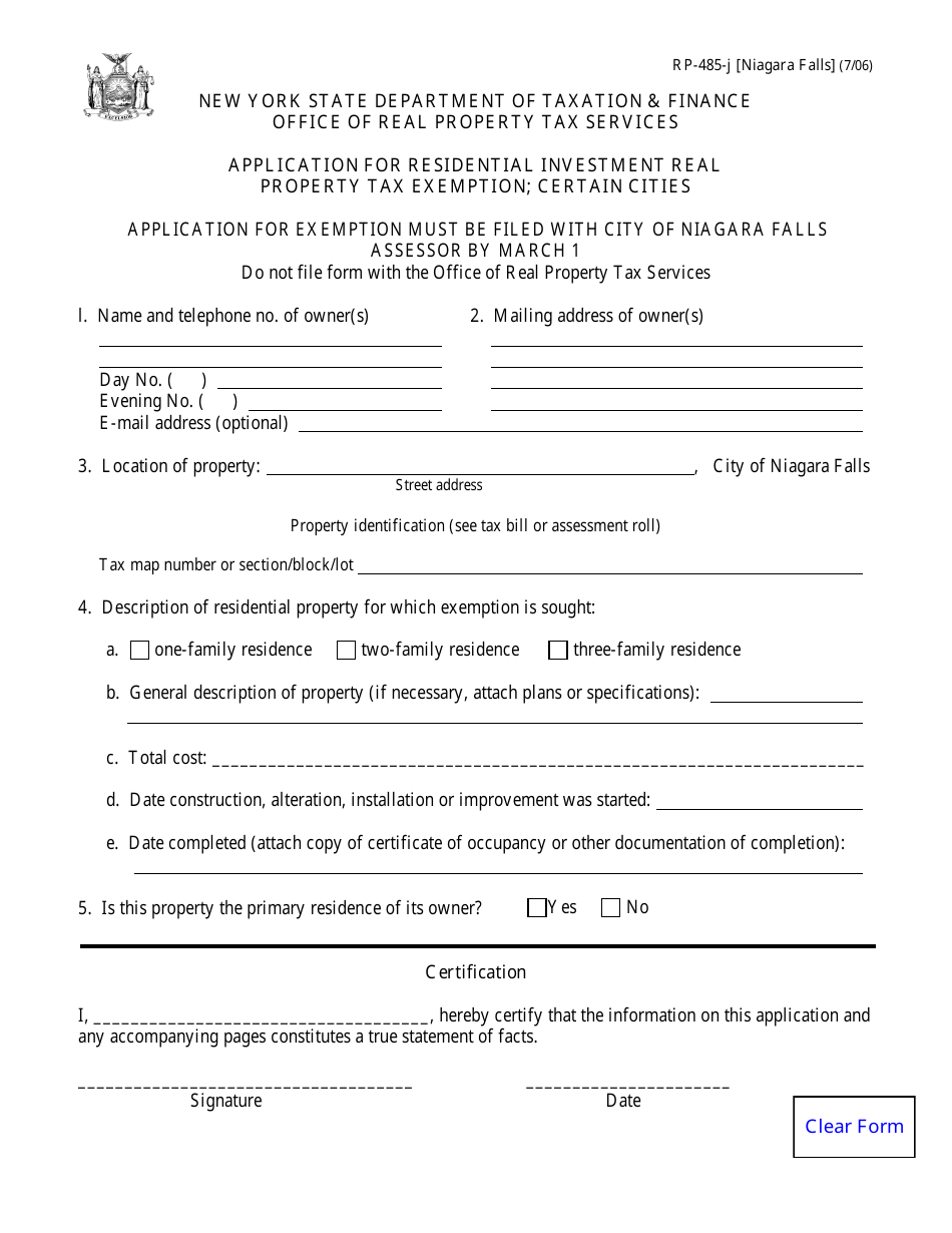 Form RP-485-J Application for Residential Investment Real Property Tax Exemption; Certain Cities - Niagara Falls, New York, Page 1