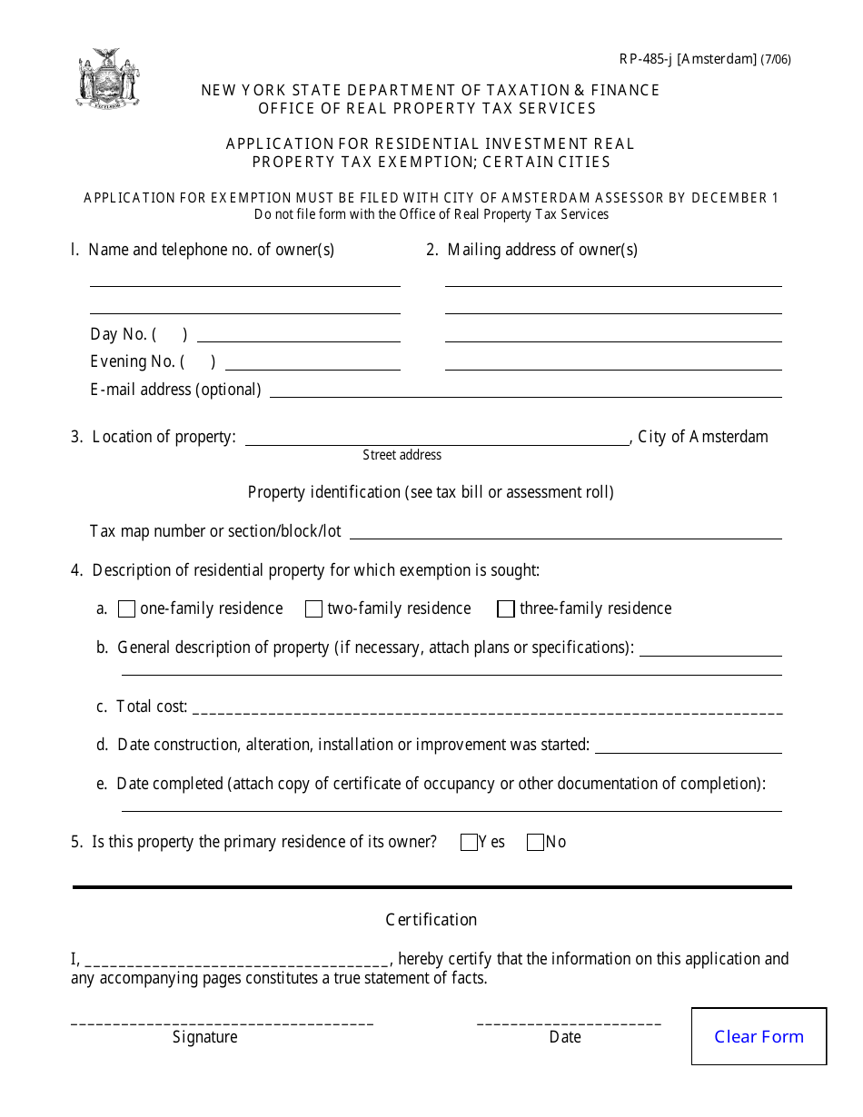 Form RP-485-J [AMSTERDAM] Application for Residential Investment Real Property Tax Exemption - City of Amsterdam, New York, Page 1